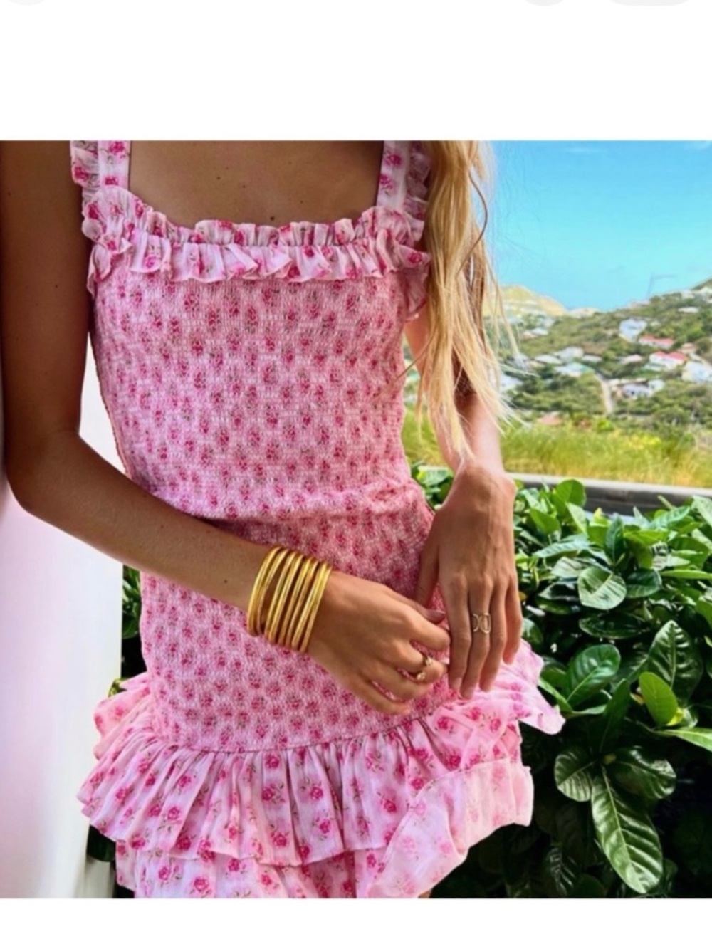 LoveShackFancy Pink Floral Smocked Top with Gold Tag Detail